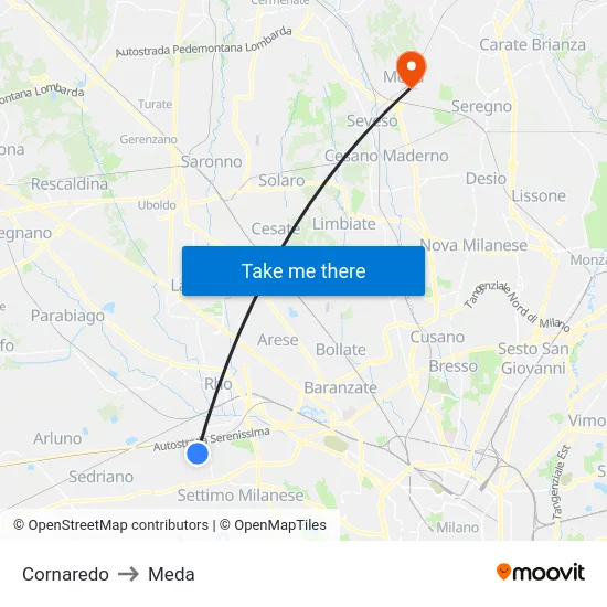 Cornaredo to Meda map