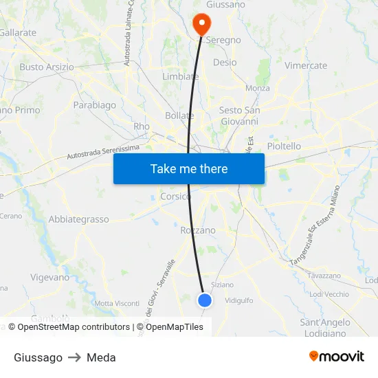 Giussago to Meda map