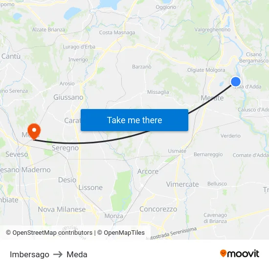 Imbersago to Meda map