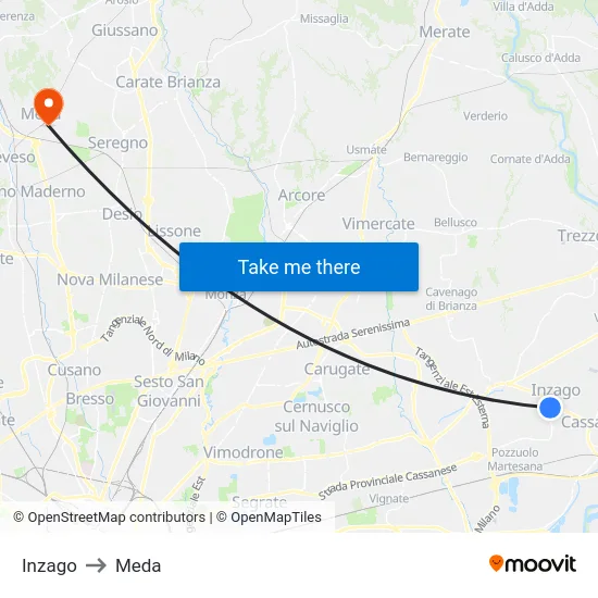 Inzago to Meda map