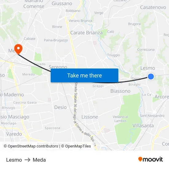 Lesmo to Meda map