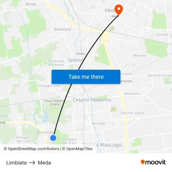 Limbiate to Meda map