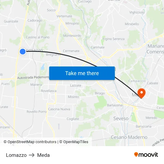Lomazzo to Meda map