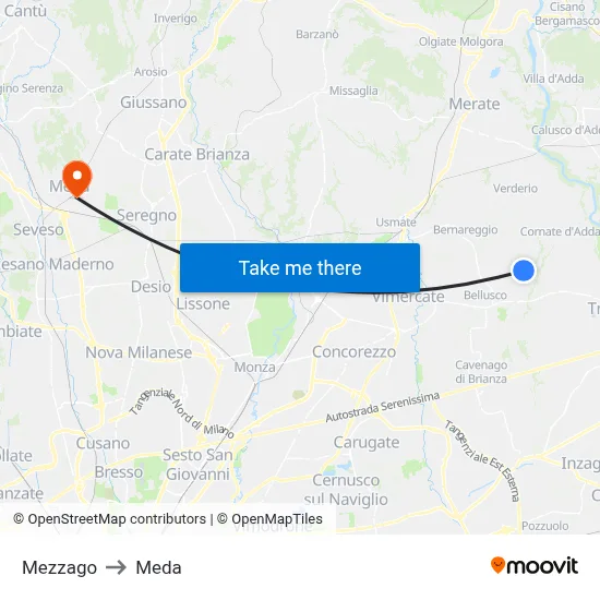Mezzago to Meda map
