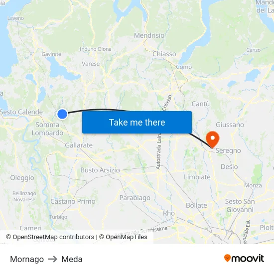 Mornago to Meda map