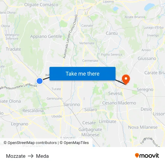 Mozzate to Meda map
