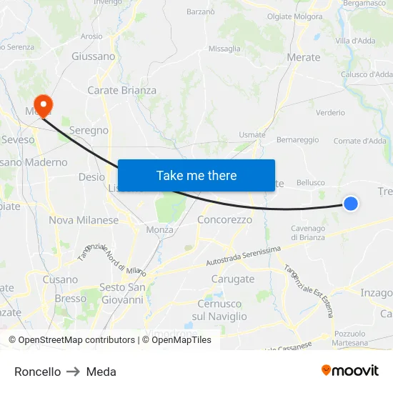Roncello to Meda map