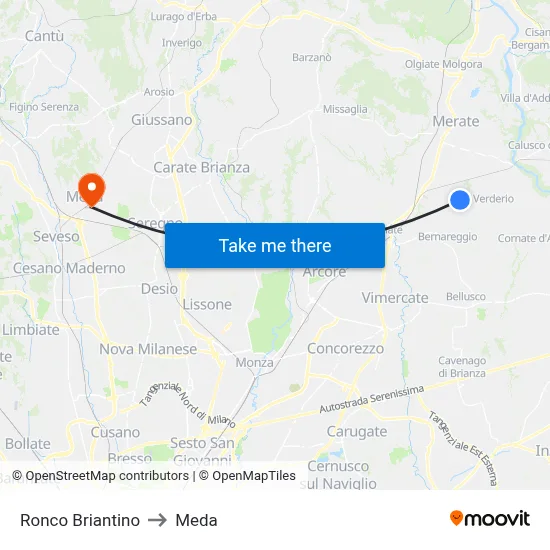 Ronco Briantino to Meda map
