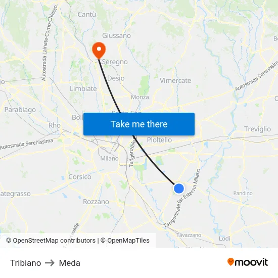 Tribiano to Meda map