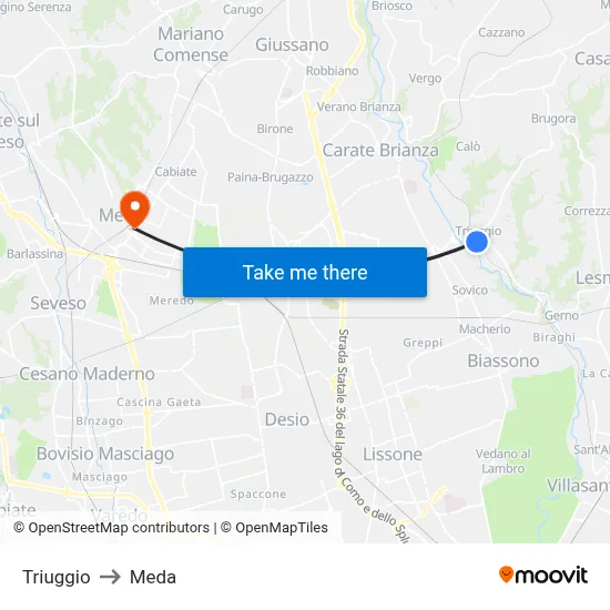 Triuggio to Meda map