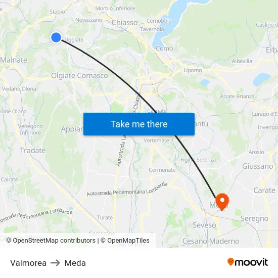 Valmorea to Meda map