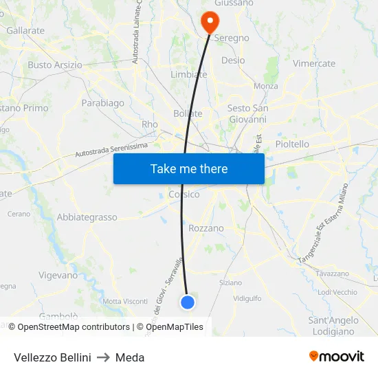 Vellezzo Bellini to Meda map