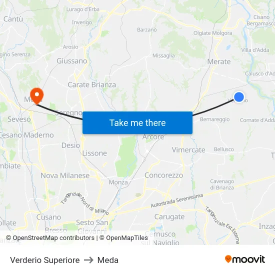Verderio Superiore to Meda map