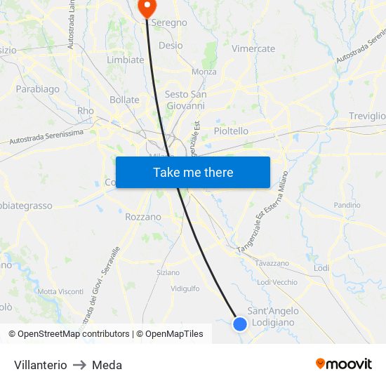 Villanterio to Meda map