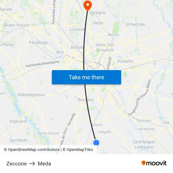 Zeccone to Meda map