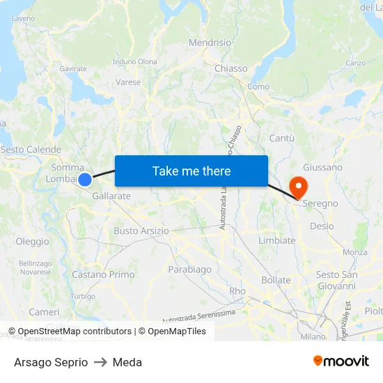 Arsago Seprio to Meda map