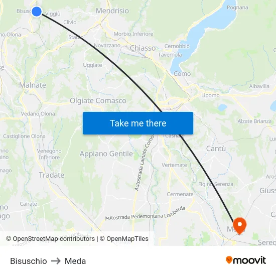 Bisuschio to Meda map