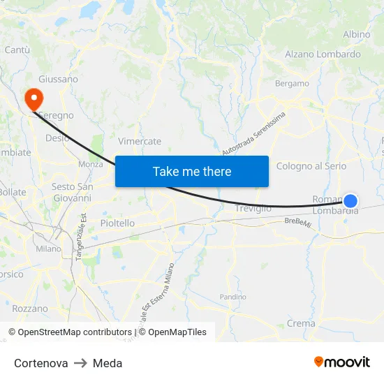 Cortenova to Meda map