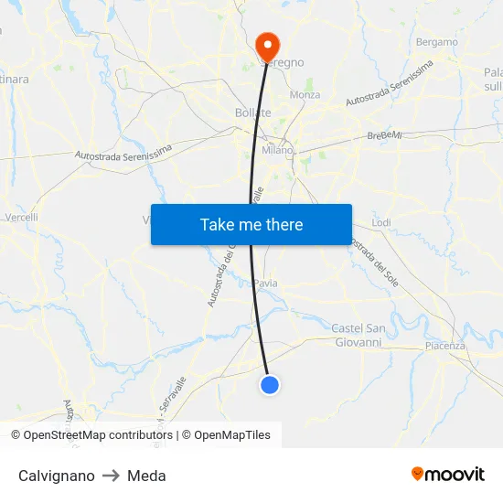 Calvignano to Meda map