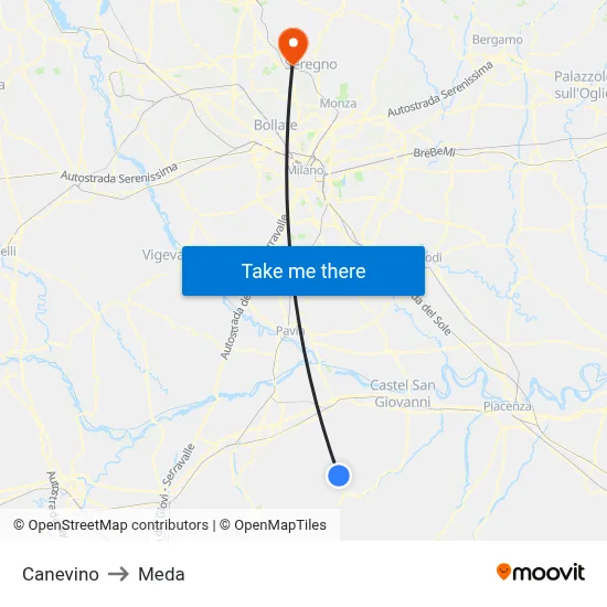 Canevino to Meda map