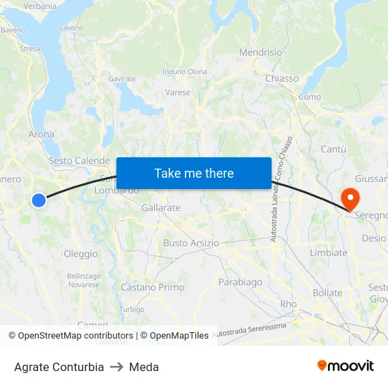 Agrate Conturbia to Meda map
