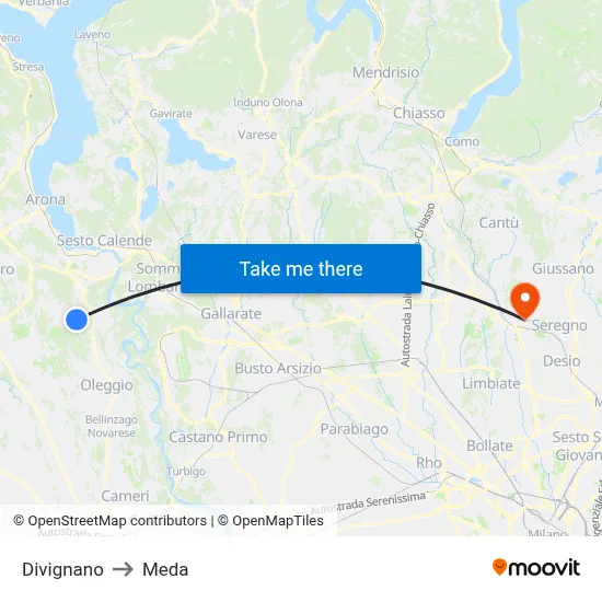 Divignano to Meda map