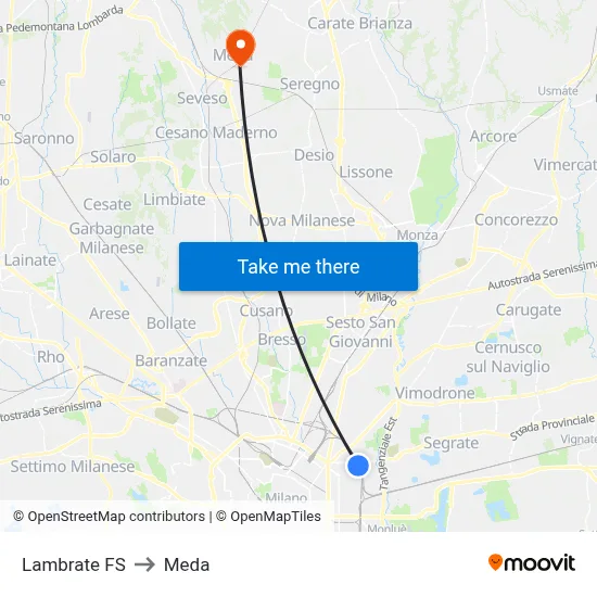 Lambrate Station to Meda map