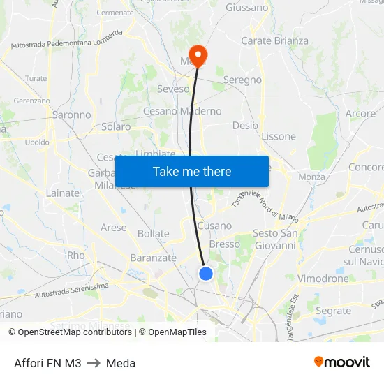Affori FN M3 to Meda map