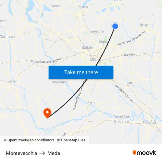 Montevecchia to Mede map