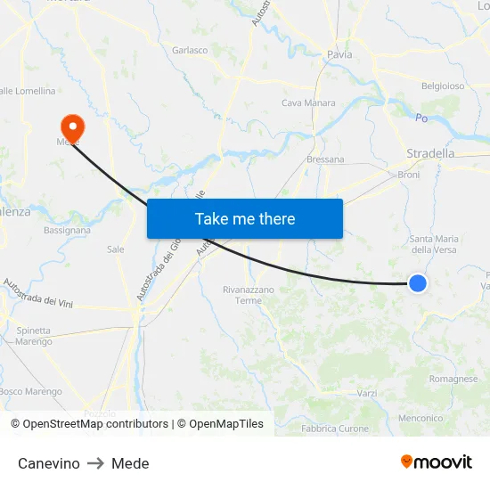 Canevino to Mede map