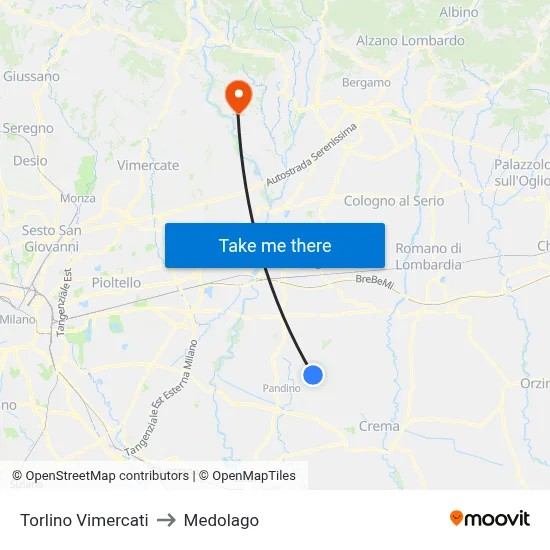 Torlino Vimercati to Medolago map