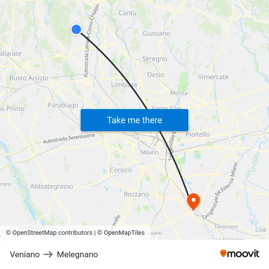 Veniano to Melegnano map
