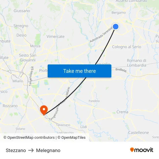 Stezzano to Melegnano map