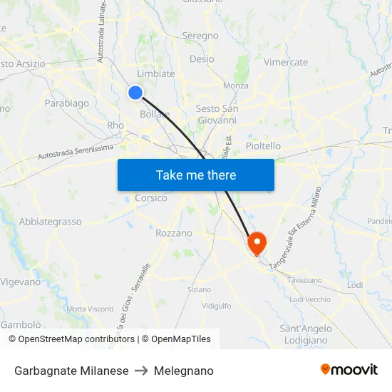 Garbagnate Milanese to Melegnano map