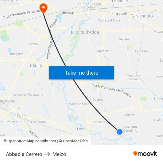 Abbadia Cerreto to Melzo map