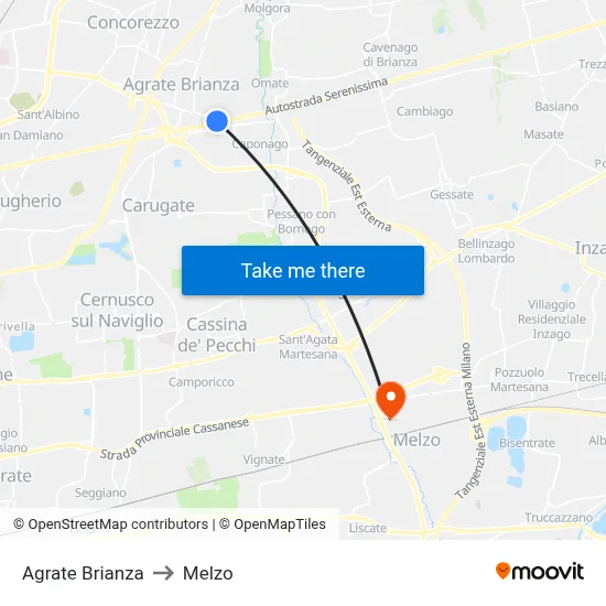 Agrate Brianza to Melzo map