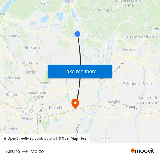 Airuno to Melzo map