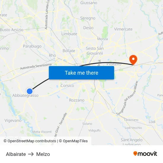 Albairate to Melzo map