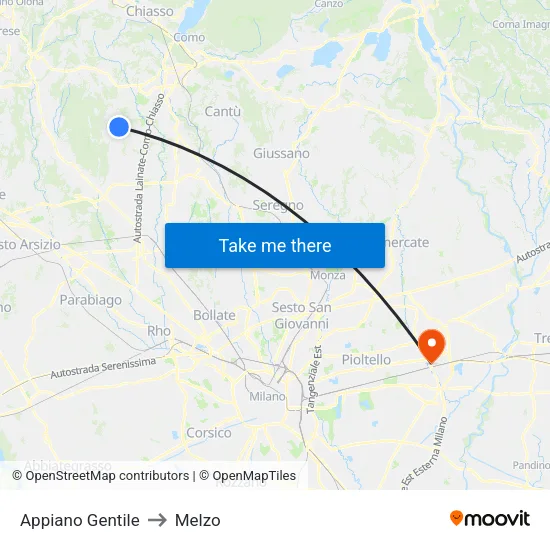 Appiano Gentile to Melzo map