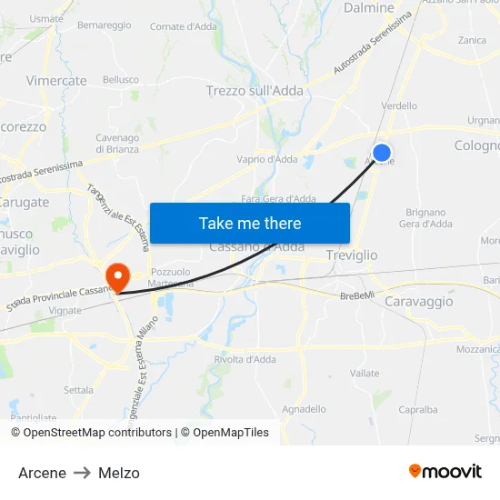 Arcene to Melzo map