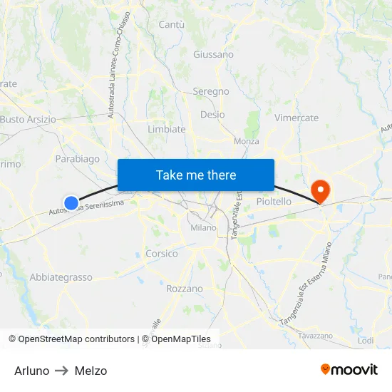 Arluno to Melzo map