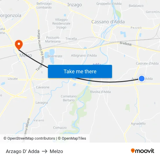 Arzago d'Adda to Melzo map