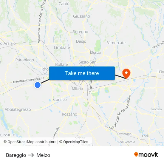 Bareggio to Melzo map