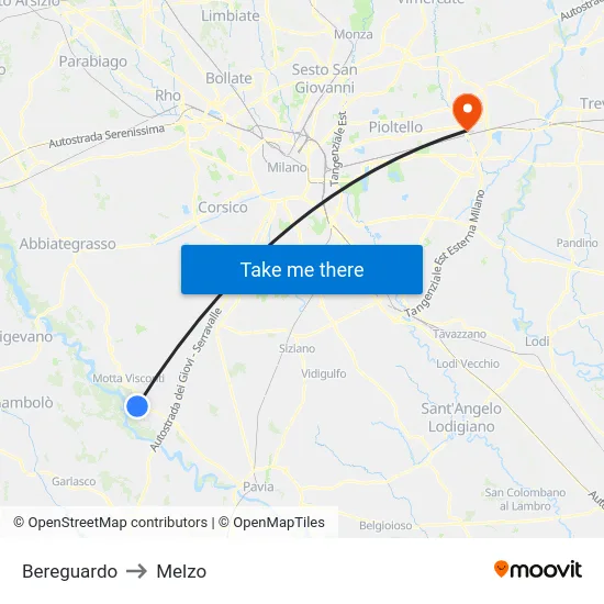 Bereguardo to Melzo map