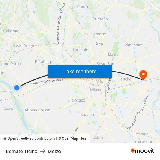 Bernate Ticino to Melzo map
