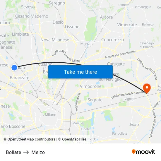 Bollate to Melzo map