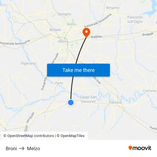 Broni to Melzo map