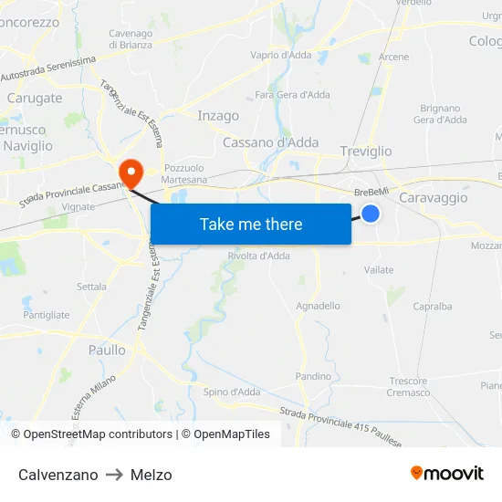 Calvenzano to Melzo map