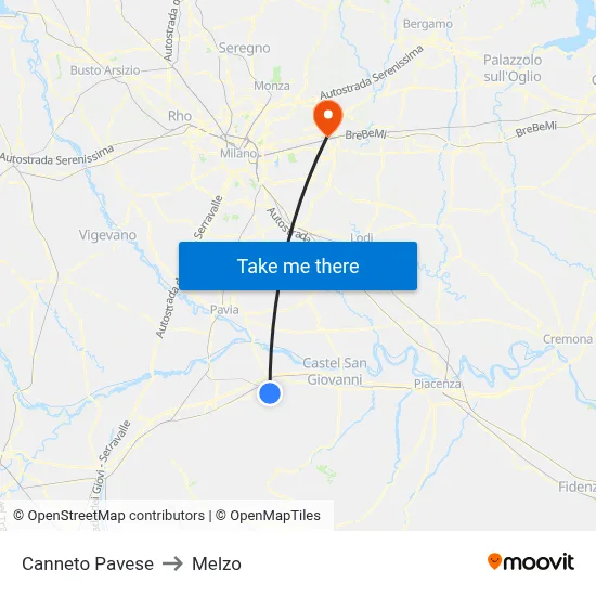 Canneto Pavese to Melzo map