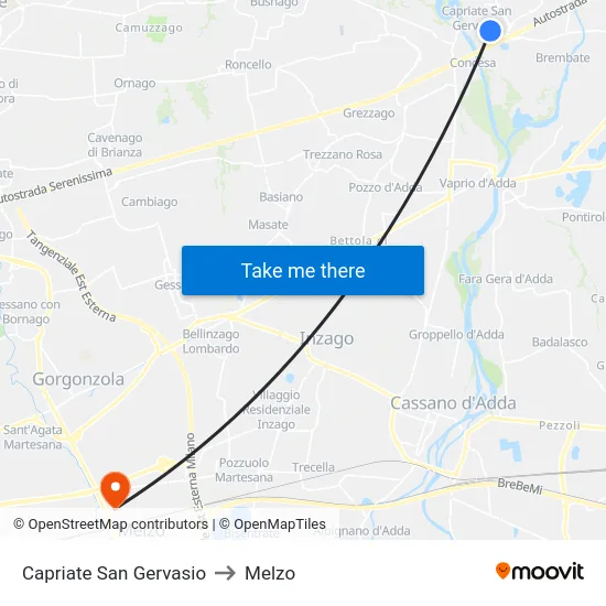 Capriate San Gervasio to Melzo map